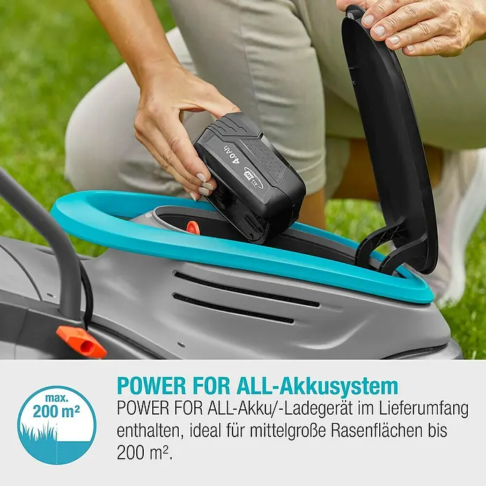 Gardena Power for All 18V Akku-Rasenmäher PowerMax 32/18V - 18 V, 1 Akku, 4 Ah, Schnittbreite: 32 cm - Akku-Rasenmäher im Detail: Der POWER FOR ALL-Akku wird eingesetzt, ideal für Rasenflächen bis 200 m².