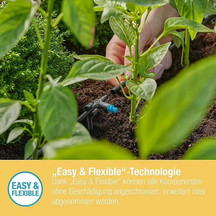 Gardena Micro-Drip Reihentropfer - 10 Stk., Max. Wasserdurchfluss: 2 l/h - Nahaufnahme eines Bewässerungssystems für Pflanzen, das als "Easy & Flexible"-Technologie beworben wird, mit einfacher Installation.