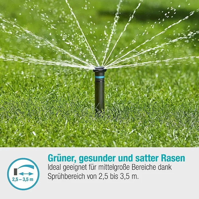 Gardena Sprinklersystem Turbinenversenkregner MD40 - Max. Regnerfläche: 40 m², Rasenbewässerung - Bild eines Rasensprengers, der einen grünen Rasen bewässert. Ideal für mittelgroße Flächen mit einer Reichweite von 2,5 bis 3,5 m.