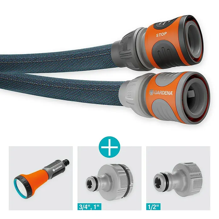 Gardena Gartenschlauch Liano Xtreme Set - 15 m, Schlauchdurchmesser: 13 mm - Bild von Gardena-Gartenschläuchen und -Anschlüssen. Die verschiedenen Schlauchtypen sind im Bild dargestellt.