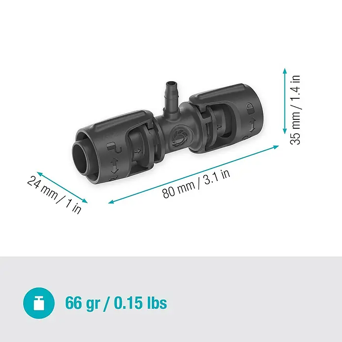 Gardena Micro-Drip Verbinder - 3/16" x 4,6 mm, 5 Stk. - Eine Nahaufnahme eines schwarzen Verbindungsstücks mit Größenangaben.