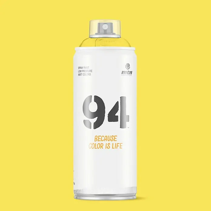 mtn Pintura decorativa en spray 94 - Amarillo Canarias, Mate, 400 ml - Bote de spray MTN 94 colores mate a baja presión, ideal para proyectos de arte y graffiti. Alta cobertura y secado rápido.