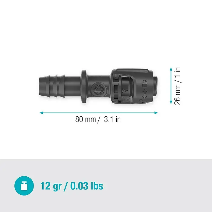 Gardena Micro-Drip Verbinder - 1/2" x 13 mm, Passend für: Gardena Verlegerohre, 1 Stk. - Schwarzer Schlauchverbinder mit den Maßen 80 mm Länge, 26 mm Höhe und einem Gewicht von 12 Gramm.