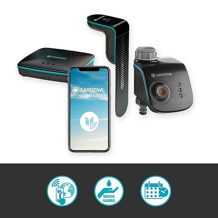 Gardena Smart system Bodenfeuchtesensor Control Set - Passend für: Verbindung von elektrischen Geräten aus dem Gardena smart system - Gardena smartsystem: Gateway, Bodensensor, Bewässerungssteuerung und App auf Smartphone. Schwarz mit blauen Akzenten für smarte Gartenautomation.