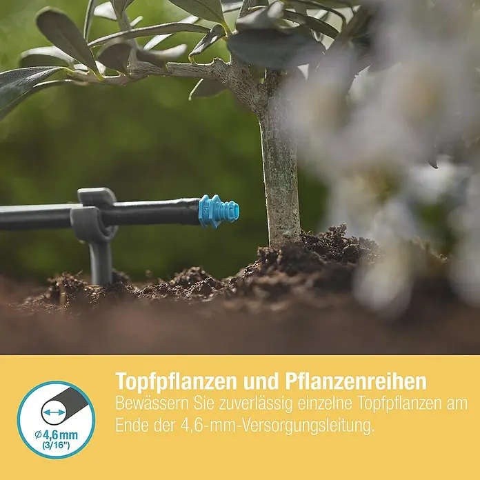 Gardena Micro-Drip Endtropfer - 25 Stk., Max. Wasserdurchfluss: 2 l/h - Nahaufnahme eines Bewässerungssystems für Pflanzen mit einem 4,6-mm-Schlauch, der zuverlässig Topfpflanzen bewässert.