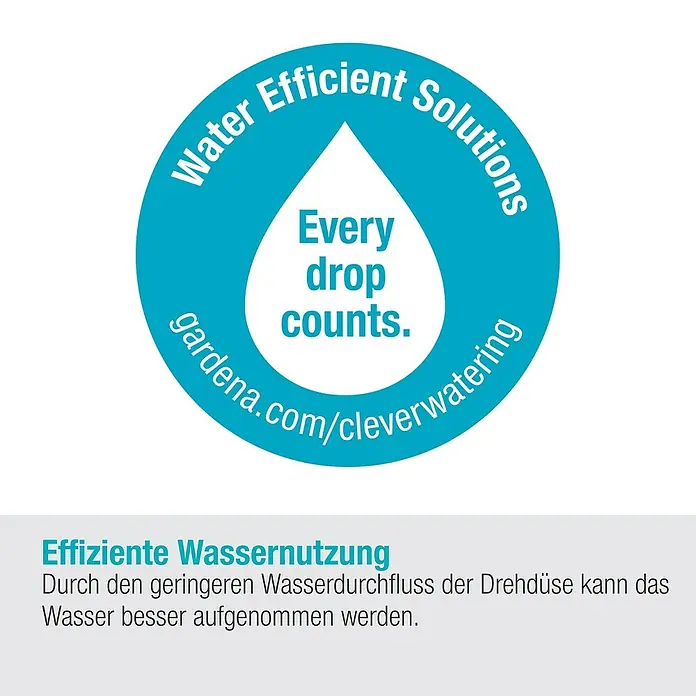 Gardena Sprinklersystem Turbinenversenkregner MD 80 - Max. Regnerfläche: 80 m², Rasenbewässerung - Logo für wassersparende Produkte mit Tropfen und Aufschrift "Every drop counts" und "gardena.com/cleverwatering".