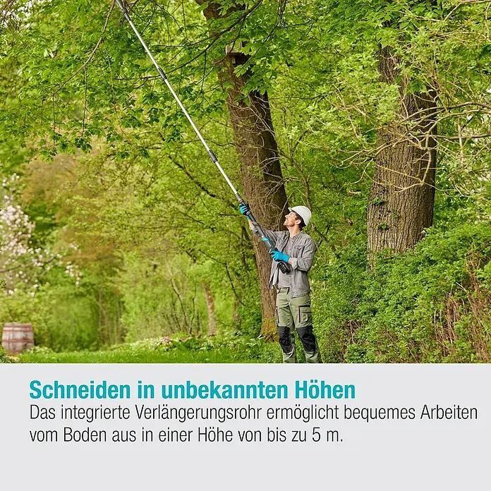 Gardena Power for All 18V Baumschere HighCut - 18 V, 1 Akku, Max. Aststärke: 28 mm, Länge: 360 cm - Ein Mann benutzt eine teleskopierbare Astschere, um Äste in großer Höhe zu schneiden.