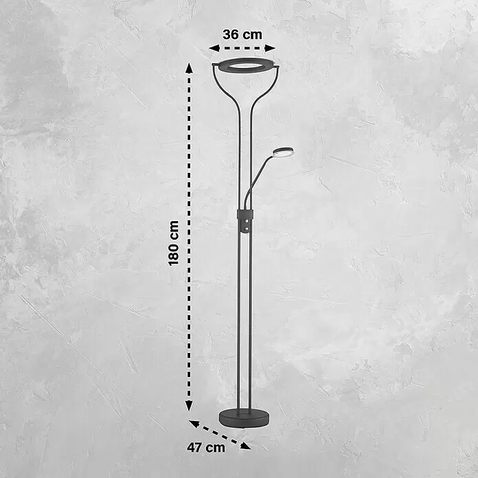 Fischer & Honsel LED-Stehleuchte Davos - 36,5 W, Höhe: 180 cm, Sandschwarz, Mehrfarbig - Schwarze Stehleuchte (180 cm) mit Deckenfluter und verstellbarer Leselampe. Oben 36 cm breit, Sockel 47 cm.