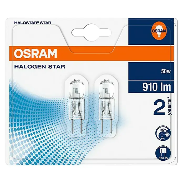 Osram Halogenstiftsockel Halostar Standard - 50 W, GY6,35, Klar, Warmweiß, 1 Stk. - Bild einer Osram Halostar Star Halogenlampe, die für ihre Helligkeit und Energieeffizienz bekannt ist.