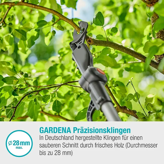 Gardena Power for All 18V Baumschere HighCut - 18 V, 1 Akku, Max. Aststärke: 28 mm, Länge: 360 cm - Astschneider von GARDENA mit Präzisionsklingen für saubere Schnitte bis zu 28 mm Durchmesser.
