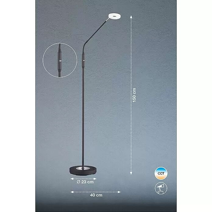 Fischer & Honsel Dent LED-Stehleuchte - 6 W, Höhe: 150 cm, Sandschwarz, Mehrfarbig, 1 Stk. - Dunkelgraue LED-Stehleuchte mit flexiblem Arm und rundem Kopf. Mit einstellbarer Lichtfarbe und Touch-Steuerung, Höhe 150 cm.