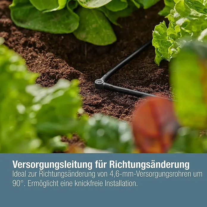 Gardena Micro-Drip L-Stück - Durchmesser Anschluss: 4,6 mm, 10 Stk., Kunststoff - Bild einer 90-Grad-Versorgungsleitung für 4,6-mm-Rohre im Garten. Ideal für knickfreie Richtungsänderungen im Bewässerungssystem.