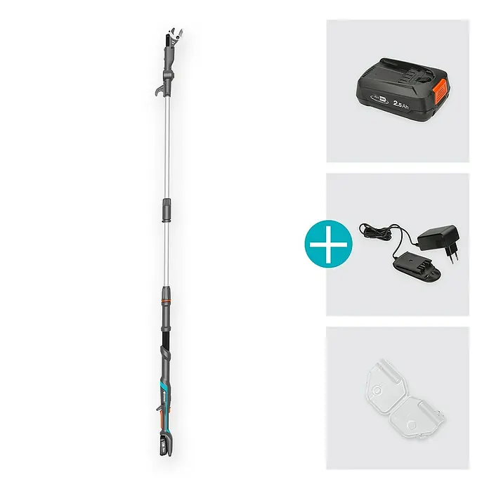 Gardena Power for All 18V Baumschere HighCut - 18 V, 1 Akku, Max. Aststärke: 28 mm, Länge: 255,7 cm - Das Bild zeigt eine Gardena Akku-Astschere mit Zubehör, inklusive Akku, Ladegerät und Schutzhülle, vor einem hellen Hintergrund.