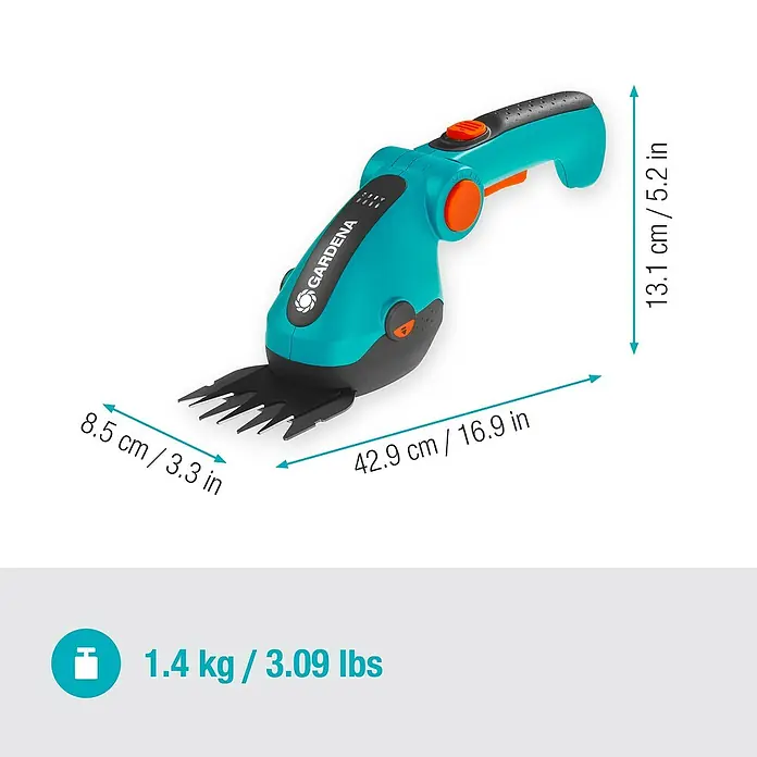 Gardena ComfortCut Akku-Gras- & Strauchschere Li - 3,6 V, Li-Ionen, 1 Akku, Schwertbreite: 8 cm - Abbildung der Gardena Akku-Grasschere mit Abmessungen und Gewicht, die sich ideal für präzise Rasenpflege eignet.