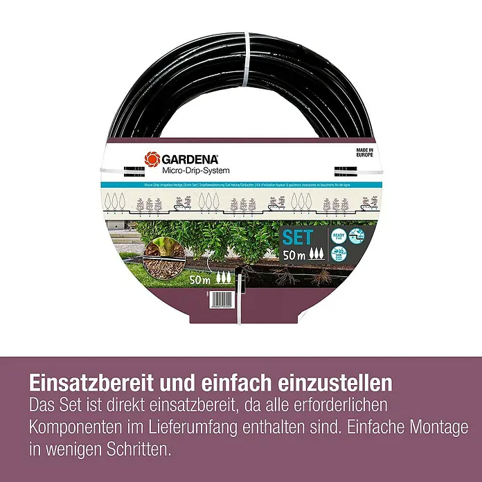 Gardena Micro-Drip Bewässerungs-Set Hecken & Sträucher 50 m Start-Set - Geeignet für: Reihenbewässerung, Pflanzreihen bis 50 m, Schlauchlänge: 50 m - Gardena Micro-Drip-System Set für Hecken und Sträucher. Einfache Installation und sofort einsatzbereit für die Bewässerung.