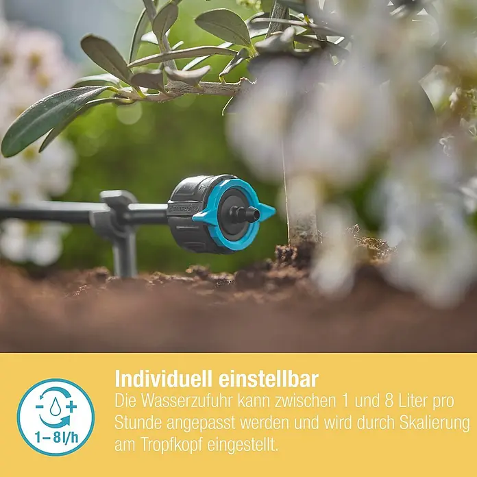 Gardena Micro-Drip Endtropfer druckregulierend - 5 Stk., Max. Wasserdurchfluss: 8 l/h - Nahaufnahme eines regulierbaren Tropfers zur Bewässerung von Pflanzen, der zwischen 1 und 8 Liter pro Stunde liefert.