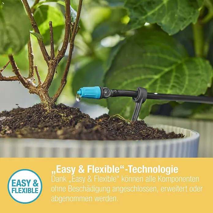 Gardena Micro-Drip Bewässerungs-Set Terrasse Start-Set - Passend für: Bis zu 30 Topfpflanzen - Nahaufnahme einer automatischen Bewässerung für eine Pflanze im Topf, mit gelbem Textfeld über "Easy & Flexible"-Technologie.