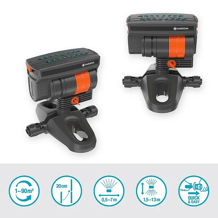 Gardena Micro-Drip Viereckregner OS 90 - Max. Regnerfläche: 90 m², Schwarz/Orange - Zwei Gardena Vielflächenregner Vario nebeneinander mit Produktinformationen im unteren Bereich.