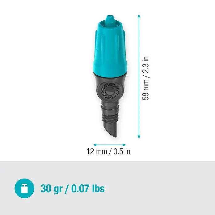 Gardena Micro-Drip Regulierbarer Endtropfer - 10 Stk., Max. Wasserdurchfluss: 15 l/h - Nahaufnahme eines Bewässerungstropfers mit den Maßen 58 mm Länge, 12 mm Breite und einem Gewicht von 30 g.