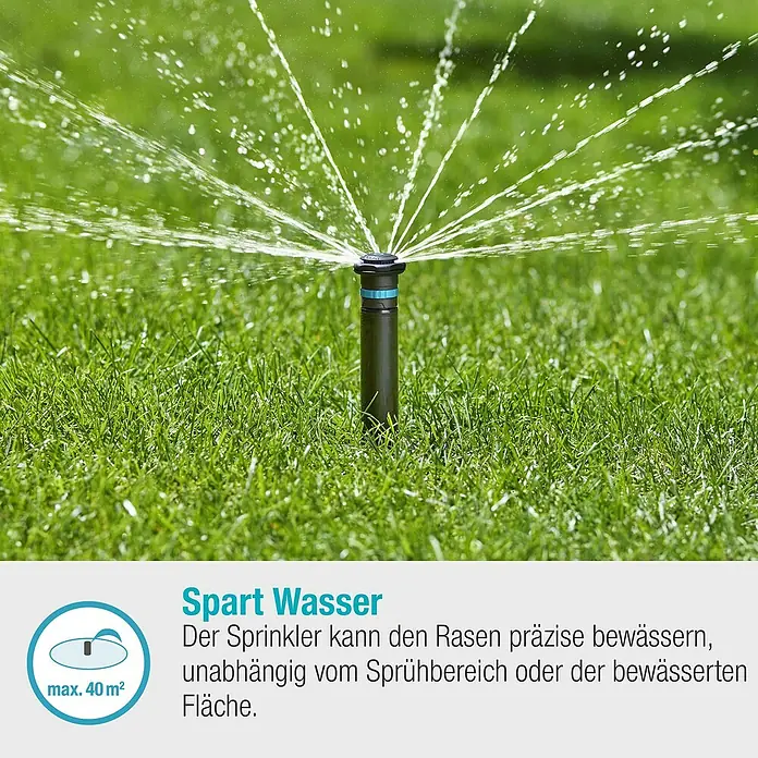 Gardena Sprinklersystem Turbinenversenkregner MD40 - Max. Regnerfläche: 40 m², Rasenbewässerung - Rasensprenger in Aktion auf einer grünen Wiese, der Wasser sprüht.
