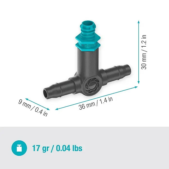 Gardena Micro-Drip Reihentropfer - 10 Stk., Max. Wasserdurchfluss: 2 l/h - Detailaufnahme eines GARDENA T-Stücks für Micro-Drip-Systeme mit Größenangaben.