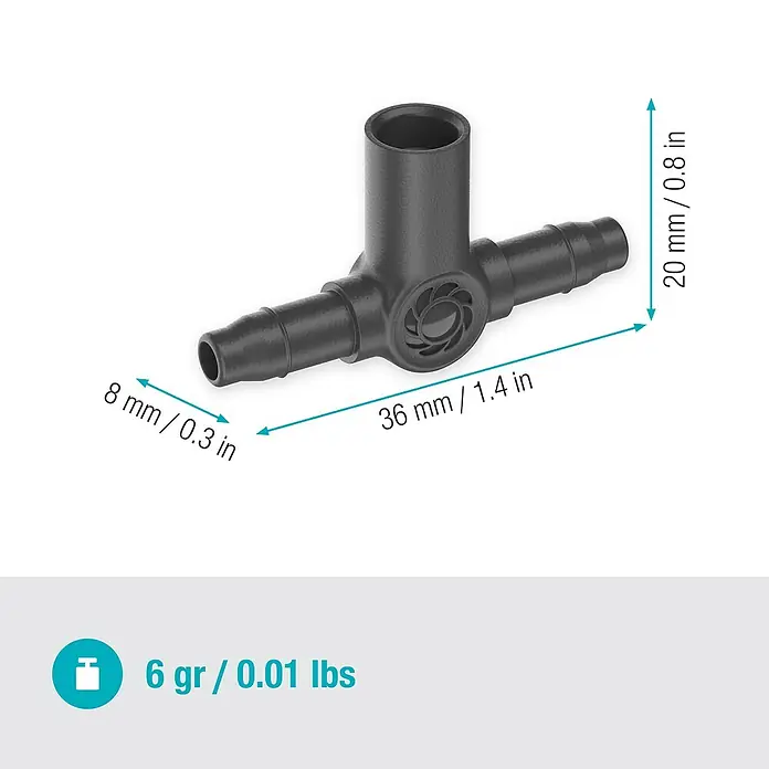 Gardena Micro-Drip T-Stück für Sprühdüsen & Endtropfer - 3/16" x 4,6 mm, 5 Stk. - Abbildung eines schwarzen T-Stücks, das zur Verbindung von Schläuchen in Bewässerungssystemen verwendet wird und dessen Abmessungen angegeben sind.