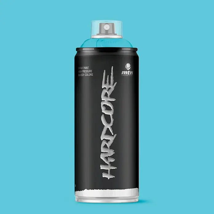 mtn Pintura decorativa en spray Hardcore - Azul Ártico, Brillante, 400 ml - Bote de spray negro MTN Hardcore con tapa azul, ideal para arte de graffiti de alta presión y proyectos creativos con colores brillantes.