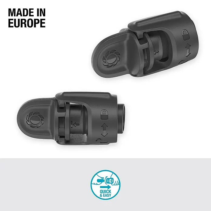 Gardena Micro-Drip Verschlussstopfen - ½″, 5 Stk. - Abbildung von zwei grauen Fahrradanhängerkupplungen mit dem Aufdruck „Made in Europe“ und dem Logo „Quick & Easy“.