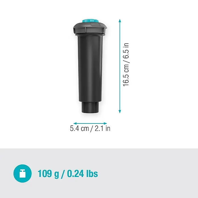 Gardena Sprinklersystem Turbinenversenkregner Pop-up SD80 - Max. Regnerfläche: 80 m², Rasenbewässerung - Abbildung eines Regnerkopfes mit Maßangaben zu Größe und Gewicht zur Veranschaulichung seiner Spezifikationen.
