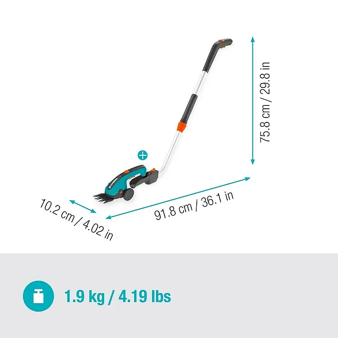 Gardena ClassicCut Akku-Gras- & Strauchschere Li Set - 3,6 V, Li-Ionen, 1 Akku, Schwertbreite: 8 cm - Abbildung der Gardena Akku-Grasschere Set ClassicCut mit Maßen und Gewicht.