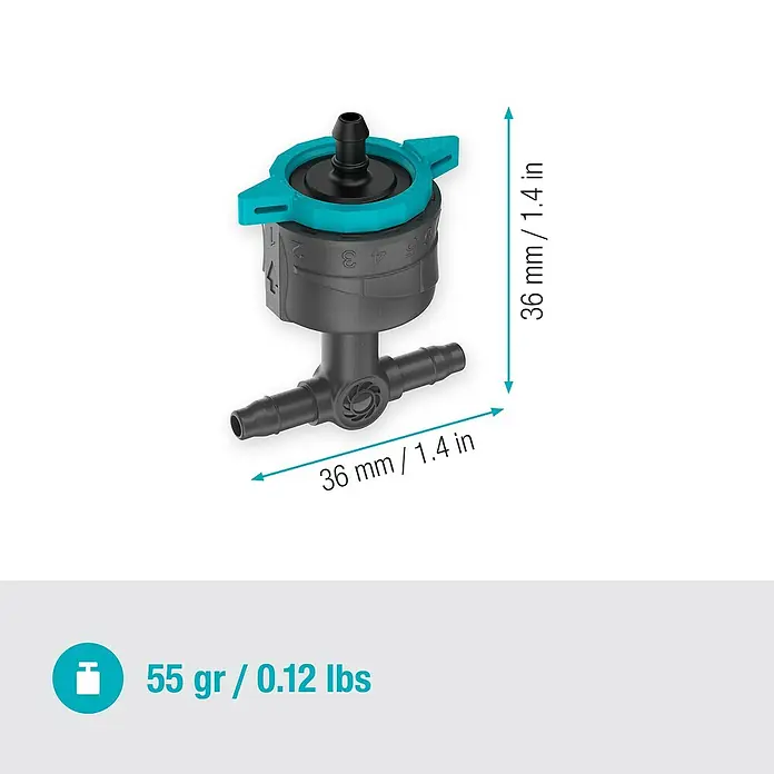 Gardena Micro-Drip Reihentropfer druckregulierend - 5 Stk., Max. Wasserdurchfluss: 8 l/h - Nahaufnahme eines Bewässerungsreglers mit Größenangaben.