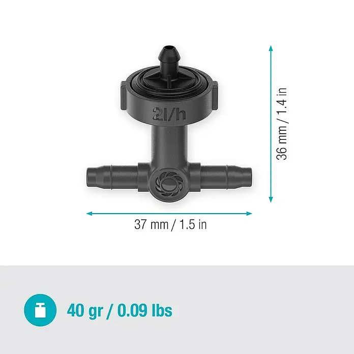 Gardena Micro-Drip Reihentropfer druckregulierend - 10 Stk. - Nahaufnahme eines schwarzen 2l/h Tropfbewässerungsverteilers mit Maßangaben, der für eine präzise Bewässerung in Gärten konzipiert ist.