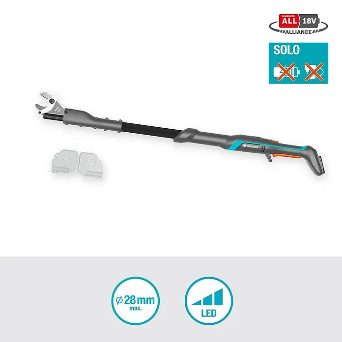 Gardena Power for All 18V Cortarramas de jardín - 18 V, Sin batería, Grosor de rama máx.: 32 mm - Imagen de unas tijeras de podar a batería Gardena con un diámetro máx. de corte de 28 mm e indicador LED.