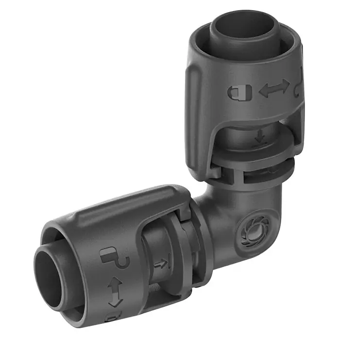 Gardena Micro-Drip L-Stück - 1/2" x 13 mm, 2 Stk. - Eine detaillierte Ansicht eines grauen, rechtwinkligen Schlauchverbinders aus Kunststoff mit Verriegelungsmechanismus.