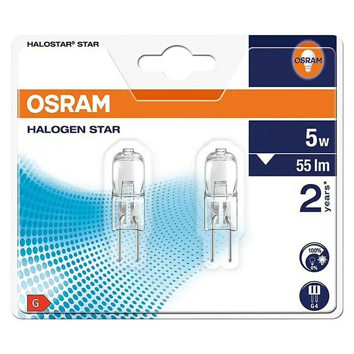 Osram Halogenstiftsockel Halostar Standard - 5 W, G4, Klar, Warmweiß, 2 Stk. - HALOSTAR® STAR Halogenlampe von OSRAM mit 5 Watt, 55 Lumen und G4 Sockel, ideal für Akzentbeleuchtung mit 2 Jahren Garantie.