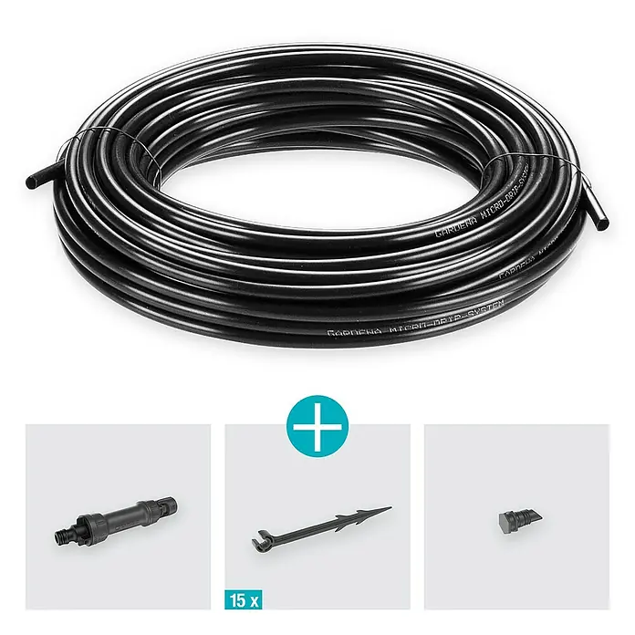 Gardena Micro-Drip Bewässerungs-Set Pflanzreihen Start-Set - Passend für: Pflanzreihen bis 15 m, Anwendungsbereich: Außen - Das Gardena Micro-Drip-System mit Bewässerungsrohr, Verbindungsstücken und Endstopfen für eine effiziente Gartenbewässerung.