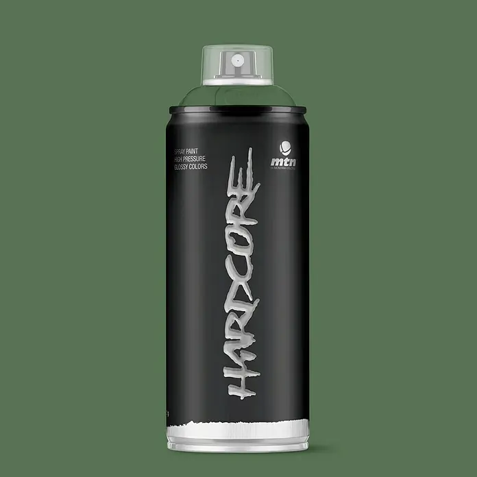 mtn Pintura decorativa en spray Hardcore - Verde Olivo, Brillante, 400 ml - Imagen de un aerosol Montana MTN Hardcore, ideal para proyectos de graffiti y arte con colores brillantes.