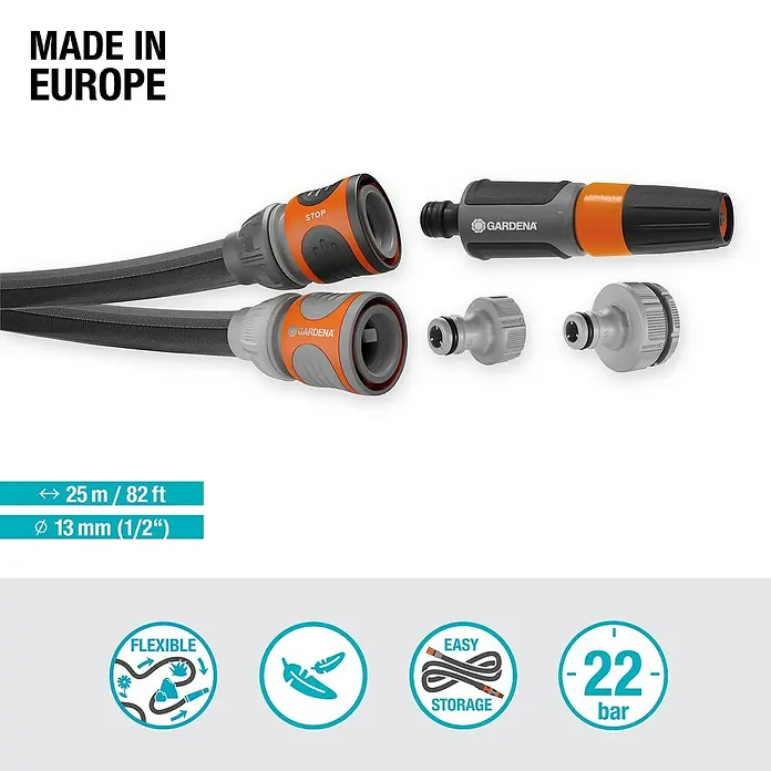 Gardena Gartenschlauch Liano Xtreme Set - 15 m, Schlauchdurchmesser: 13 mm - Gardena Textilschlauch Liano™ Xtreme 25 m. Das Set mit einer Spritze, einem Wasserhahn- und einem Reinigungsstück ist robust und flexibel.