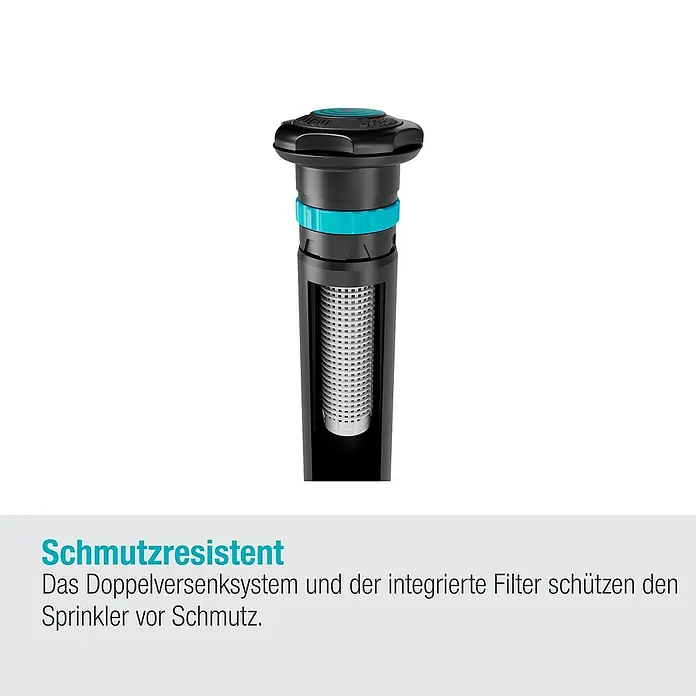 Gardena Sprinklersystem Turbinenversenkregner MD180 - Max. Regnerfläche: 180 m², Rasenbewässerung - Nahaufnahme eines versenkbaren Rasensprengers mit integriertem Filter, der vor Schmutz schützt.