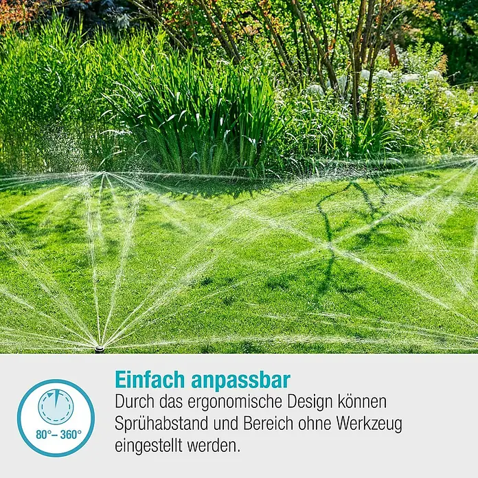 Gardena Sprinklersystem Turbinenversenkregner MD40 - Max. Regnerfläche: 40 m², Rasenbewässerung - Rasensprenger bewässert einen Rasen. Dank seines ergonomischen Designs lassen sich Sprühabstand und Bereich werkzeuglos einstellen.