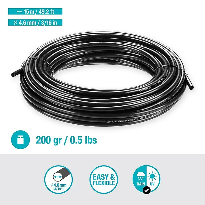Gardena Micro-Drip Verteilerrohr - 15 m, ³⁄₁₆″ - Das Bild zeigt einen schwarzen GARDENA Micro-Drip-System Verteiler mit den Massen 15 m / 49.2 ft und 4.6 mm/3/16 in.
