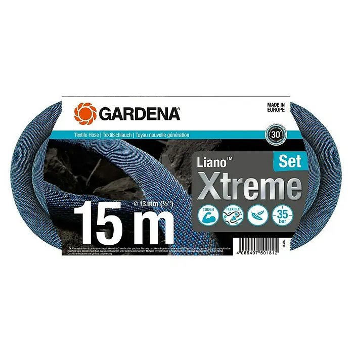 Gardena Gartenschlauch Liano Xtreme Set - 15 m, Schlauchdurchmesser: 13 mm - Abgebildet ist ein GARDENA Liano™ Xtreme Textilschlauch-Set, das robust, flexibel und bis zu -35 bar druckbeständig ist. Es ist in Europa hergestellt.