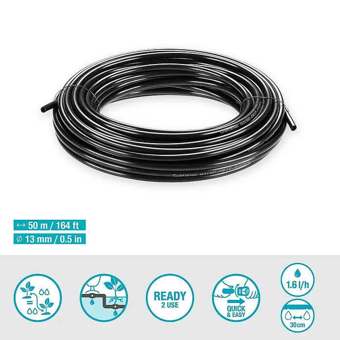 Gardena Micro-Drip Tropfrohr - Schlauchlänge: 50 m, 1,6 l/h, Passend für: Pflanzreihen bis 50 m - Schwarzer Tropfschlauch von Gardena, 50 Meter lang, für Micro-Drip-Systeme zur Bewässerung von Pflanzen.