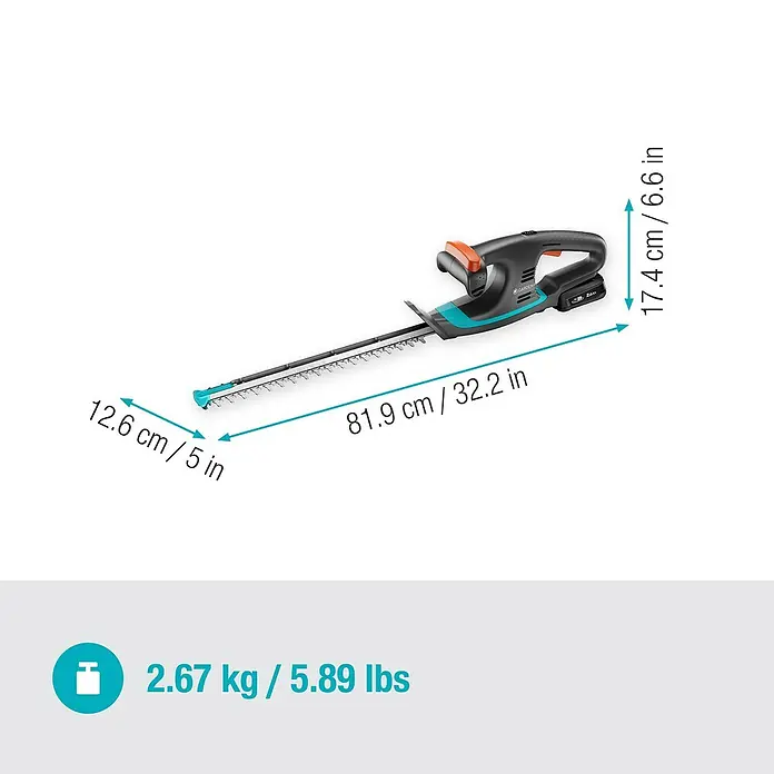 Gardena Power for All 18V Akku-Heckenschere EasyCut - 18 V, Li-Ionen, 1 Akku - Abbildung einer Gardena Akku-Strauchschere mit Maßangaben und Gewicht.