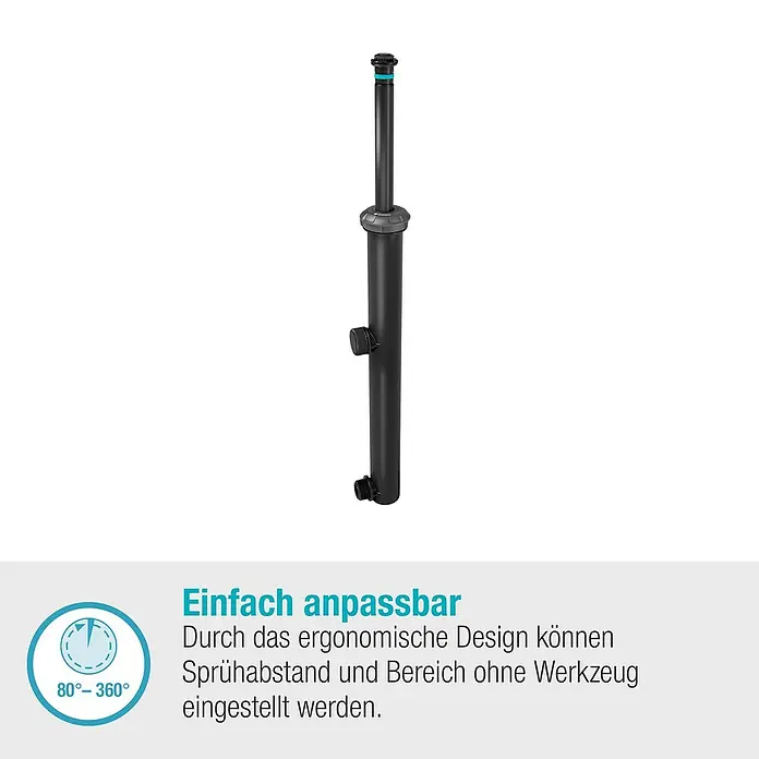 Gardena Sprinklersystem Turbinenversenkregner Pop-up MD40/300 - Max. Regnerfläche: 40 m², Rasenbewässerung - Ein schwarzer, schlanker Rasensprenger mit verstellbarem Sprühwinkel und einer einfachen Anpassung ohne Werkzeug.