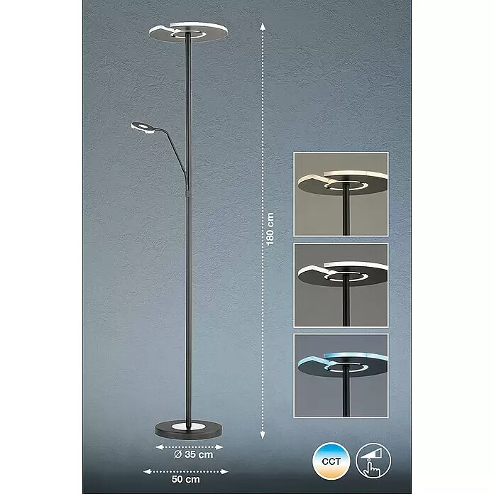 Fischer & Honsel Dent LED-Stehleuchte - 45 W, Höhe: 180 cm, Schwarz, Mehrfarbig, 2 Stk. - Moderne schwarze LED-Stehleuchte, 180cm hoch, mit Deckenfluter und verstellbarer Leselampe. Dimmbar mit CCT-Steuerung.