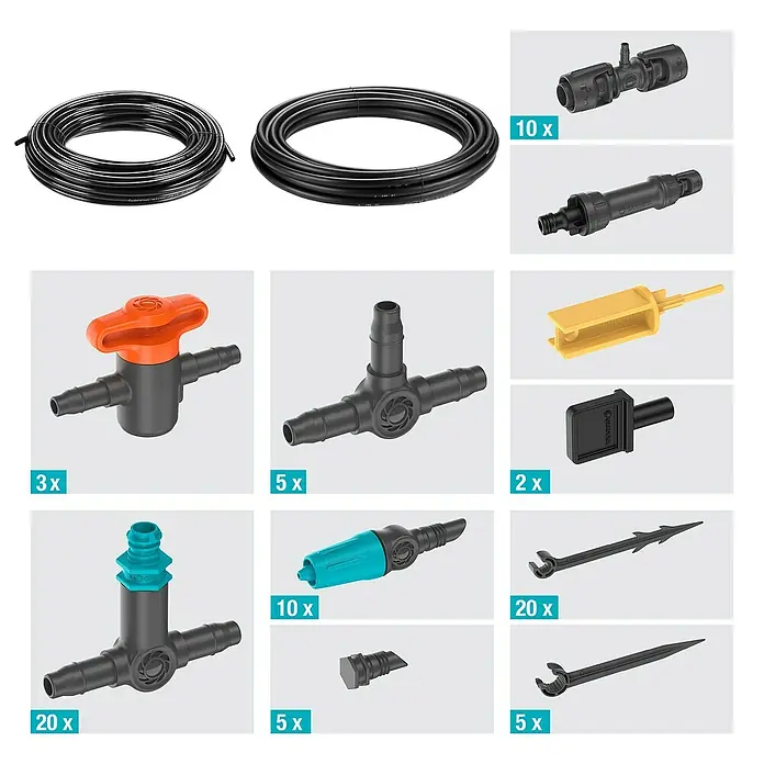 Gardena Micro-Drip Bewässerungs-Set Terrasse Start-Set - Passend für: Bis zu 30 Topfpflanzen - Abbildung von Gardena Micro-Drip-Systemkomponenten, einschließlich Schläuchen, Verbinder, Ventile und Befestigungselemente für eine effiziente Gartenbewässerung.