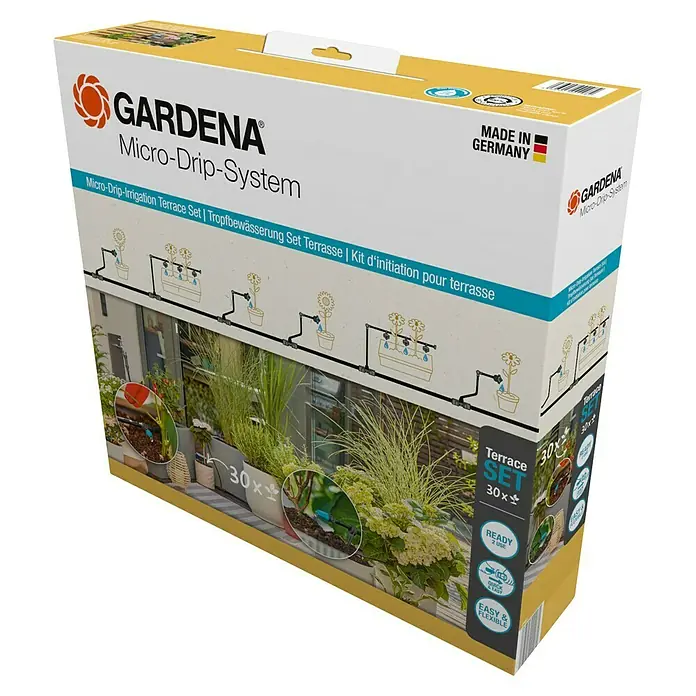 Gardena Micro-Drip Bewässerungs-Set Terrasse Start-Set - Passend für: Bis zu 30 Topfpflanzen - Produktfoto: Gardena Micro-Drip-System Terrassen-Set, ideal zur Bewässerung von Terrassenpflanzen. Einfache Installation und flexibel einsetzbar.