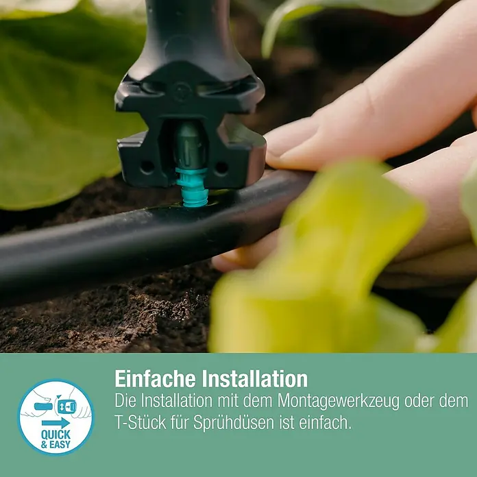 Gardena Micro-Drip Sprühdüse 360° - 5 Stk., 360 ° - Nahaufnahme einer einfachen Installation eines Bewässerungssystems im Garten.