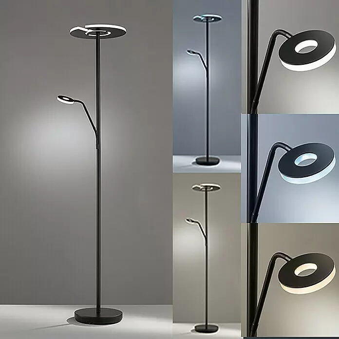 Fischer & Honsel Dent LED-Stehleuchte - 45 W, Höhe: 180 cm, Schwarz, Mehrfarbig, 2 Stk. - Schwarze LED-Stehleuchte mit zwei runden Lichtern. Die Hauptleuchte und flexible Leselampe bieten einstellbares kaltes, neutrales und warmes Weißlicht.